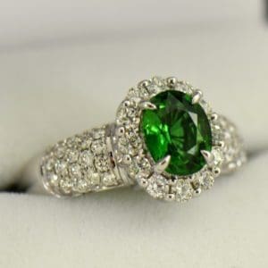 Dainty Demantoid Garnet and Diamond Flower Ring, Bypass Style