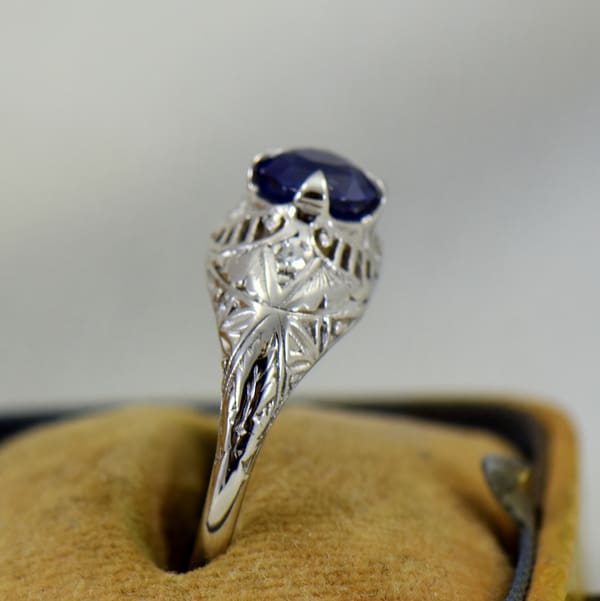 Round Royal Blue Sapphire Engagement Ring in Deco Platinum Mounting 2