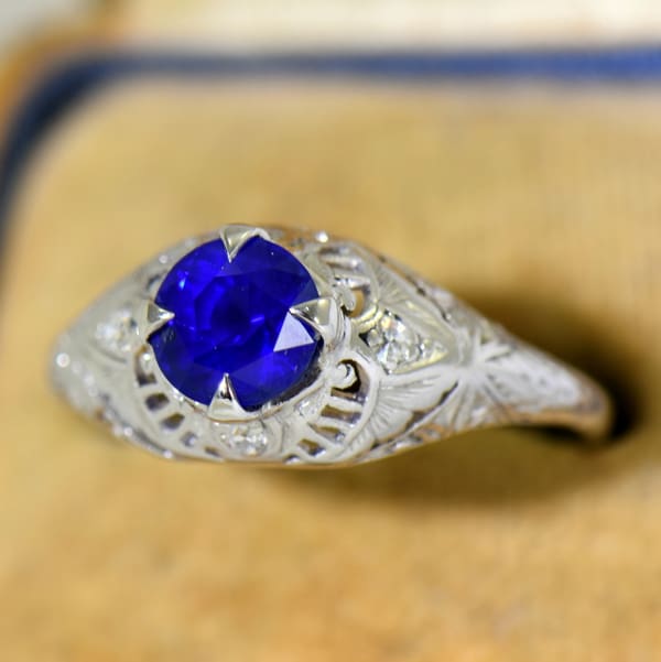 Round Royal Blue Sapphire Engagement Ring in Deco Platinum Mounting 5