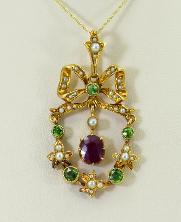 Victorian Suffragette Wreath Pendant with Unheated Ruby Demantoids  Pearls 2