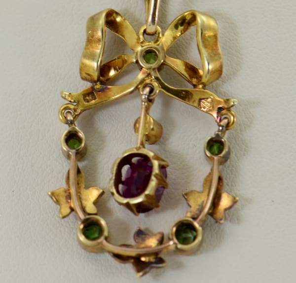 Victorian Suffragette Wreath Pendant with Unheated Ruby Demantoids  Pearls 4