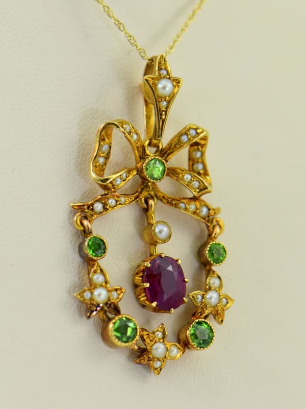 Victorian Suffragette Wreath Pendant with Unheated Ruby Demantoids  Pearls 5