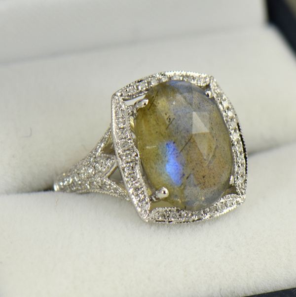 Rose Cut Labdradorite ring in white gold and diamonds
