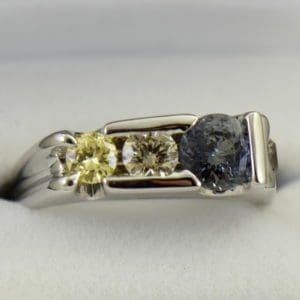 Three Stone Mens Ring Yellow Diamonds  Color Change Sapphire