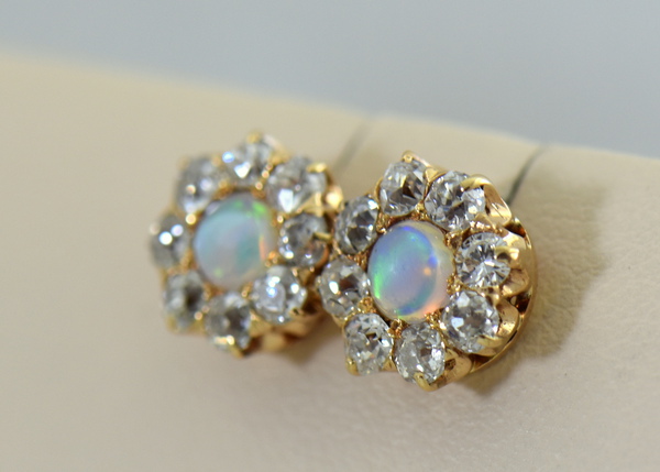 Antique Victorian Opal  Diamond Halo Stud Earrings 2.JPG