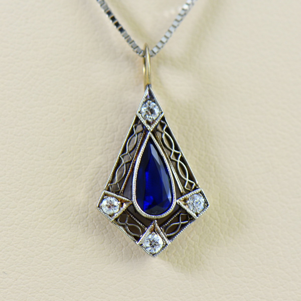 Art Deco Platinum Filigree Sapphire Pendant.JPG