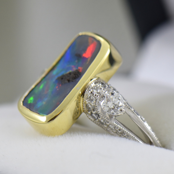 Australian Red Flash Boulder Opal  Diamond Ring 2.JPG