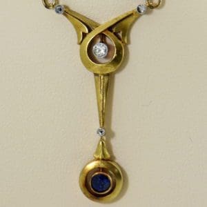 Art Nouveau Sapphire  Diamond Necklace in Yellow Gold.JPG