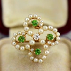 Edwardian Brooch with Demantoids Pearls  Diamonds in Harrods Box 2.JPG