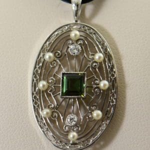 Edwardian Platinum Filigree Pendant with Tourmaline Diamonds Pearls 4.JPG