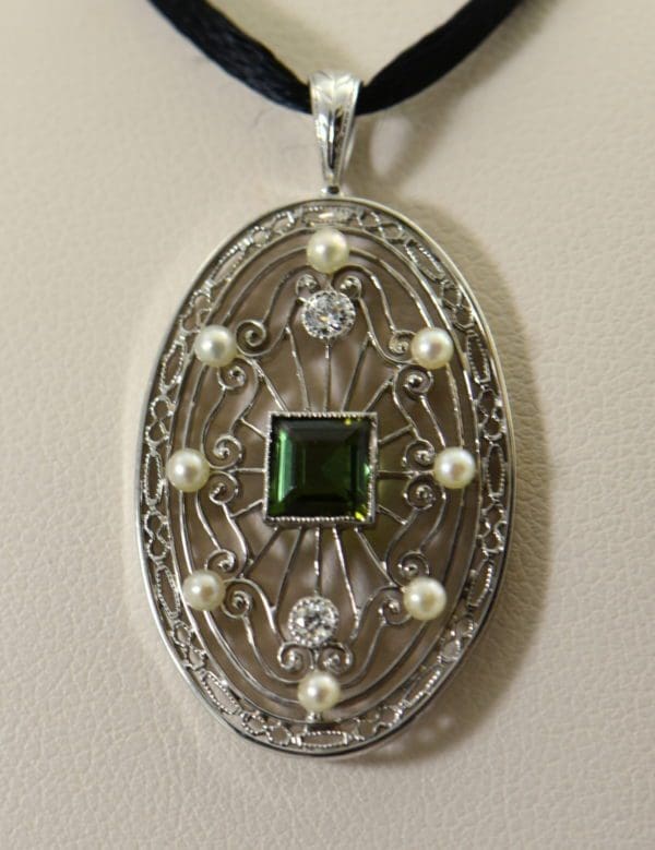 Edwardian Platinum Filigree Pendant with Tourmaline Diamonds  Pearls 4.JPG