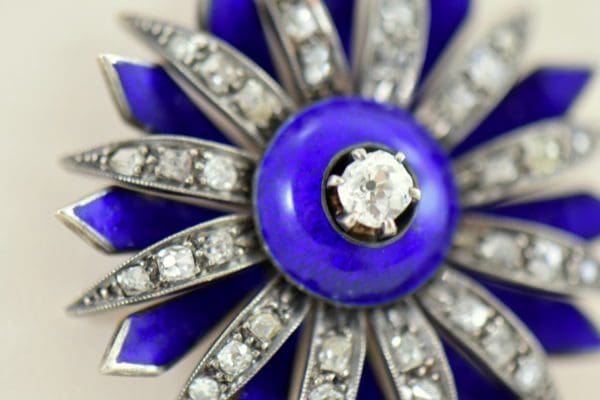 Victorian cobalt blue enamel and mine cut diamond daisy starburst pendant 6 close up.JPG