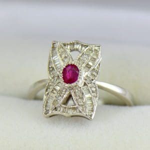 Vintage Style Ruby with Diamond Cluster on White Gold
