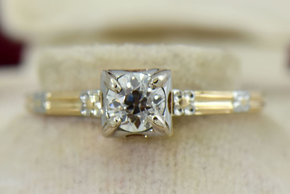 Art Deco Orange Blossom Diamond Engagement Ring Yellow and White Gold 14K, Antique Vintage Estate Jewelry