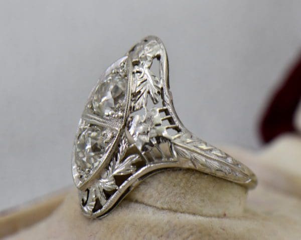 Art Deco Diamond 2 Stone Filigree Dinner Ring 2.JPG