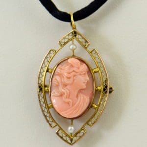 Carved Coral Cameo Pin pendant in Filigree.JPG