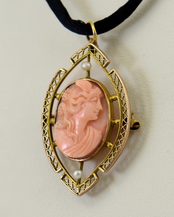 Carved Coral Cameo Pin pendant in Filigree 4.JPG