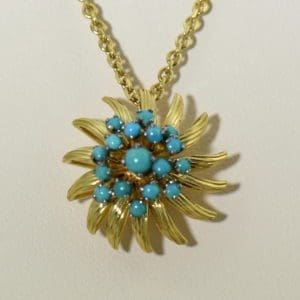 Mid Century Turquoise Gold Starburst pendant.JPG