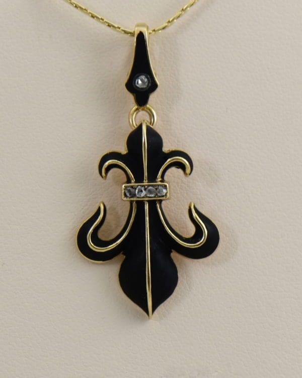 Victorian Black Enamel Rose Cut Diamond Fleur De Lis Pendant.JPG