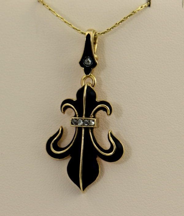 Victorian Black Enamel Rose Cut Diamond Fleur De Lis Pendant 3.JPG