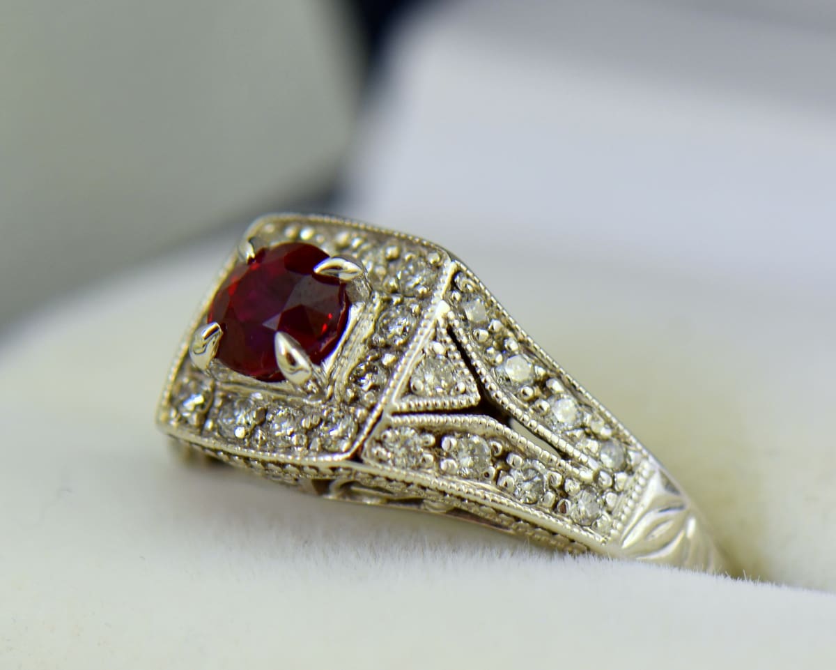 VintageStyle Ruby Halo Engagement Ring FW Custom Jewelers