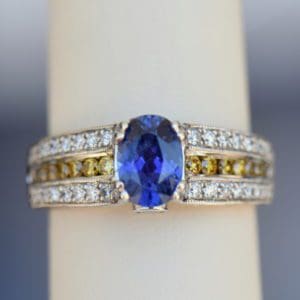 Violet Color Change Sapphire Ring with White Yellow Diamonds 6.JPG