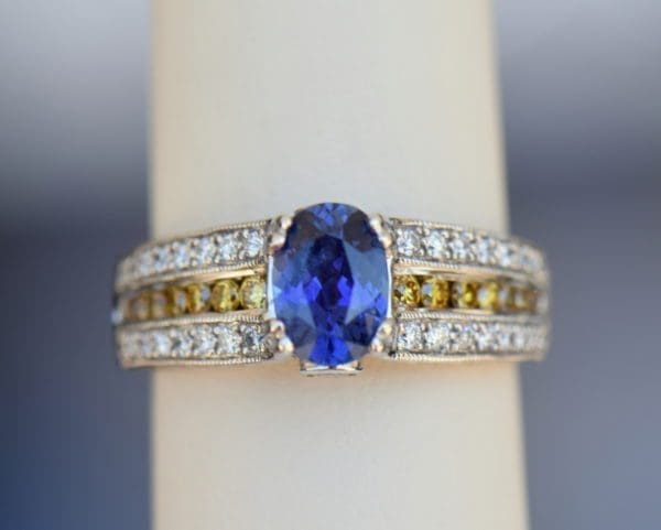 Violet Color Change Sapphire Ring with White Yellow Diamonds 6.JPG
