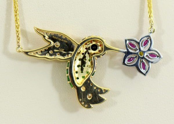 Custom Hummingbird Pendant with Rubies Tsavorite Diamonds Garnets in Yellow Gold 2.JPG