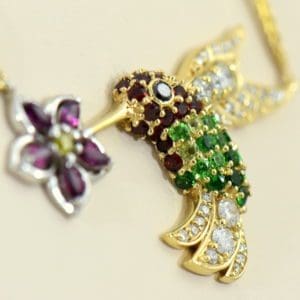 Custom Hummingbird Pendant with Rubies Tsavorite Diamonds Garnets in Yellow Gold 3.JPG