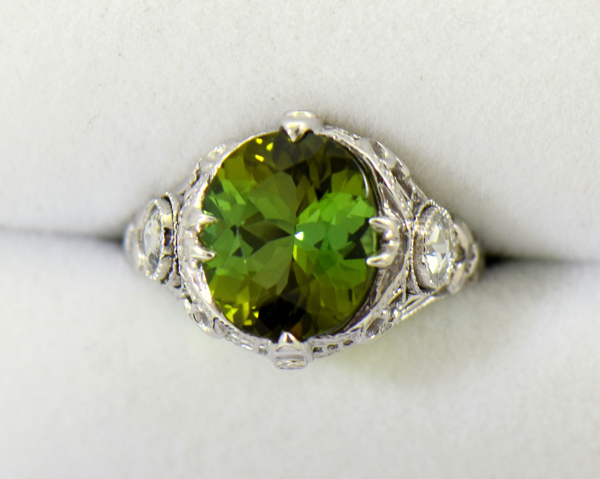 7ct Green Tourmaline Diamond Leaf Ring Vintage 14k White Gold Sz 4.75  Jewellery | Chairish