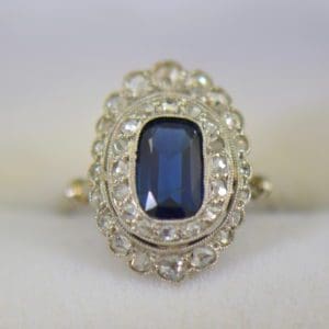 Edwardian Sapphire Ring in Rose Cut Diamond Double Halo.JPG