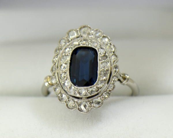 Edwardian Sapphire Ring in Rose Cut Diamond Double Halo 2.JPG