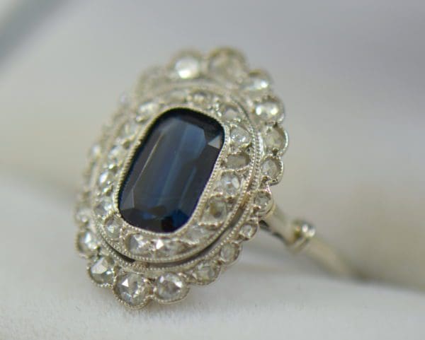 Edwardian Sapphire Ring in Rose Cut Diamond Double Halo 3.JPG
