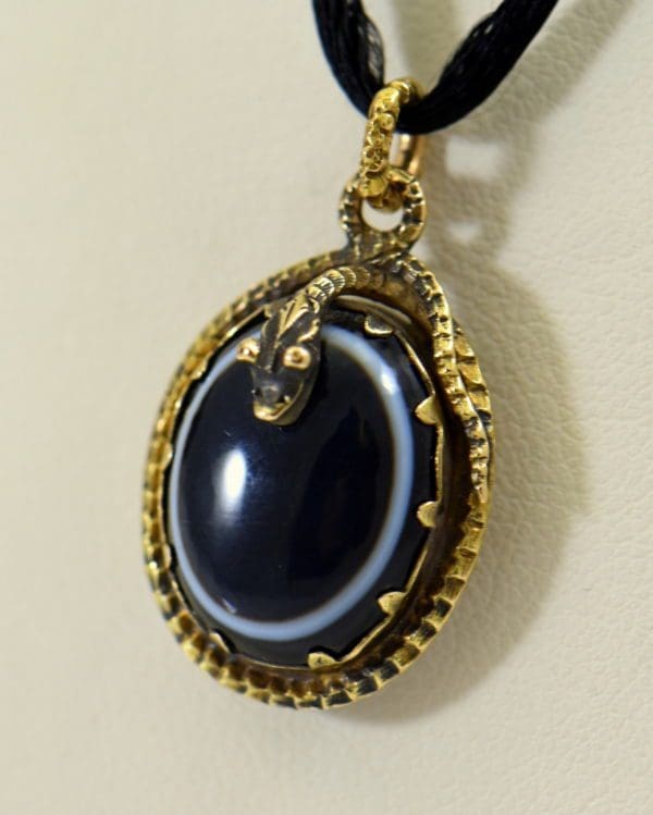 Victorian Bullseye Agate Mourning Locket Pendant with Snake Motif 2.JPG