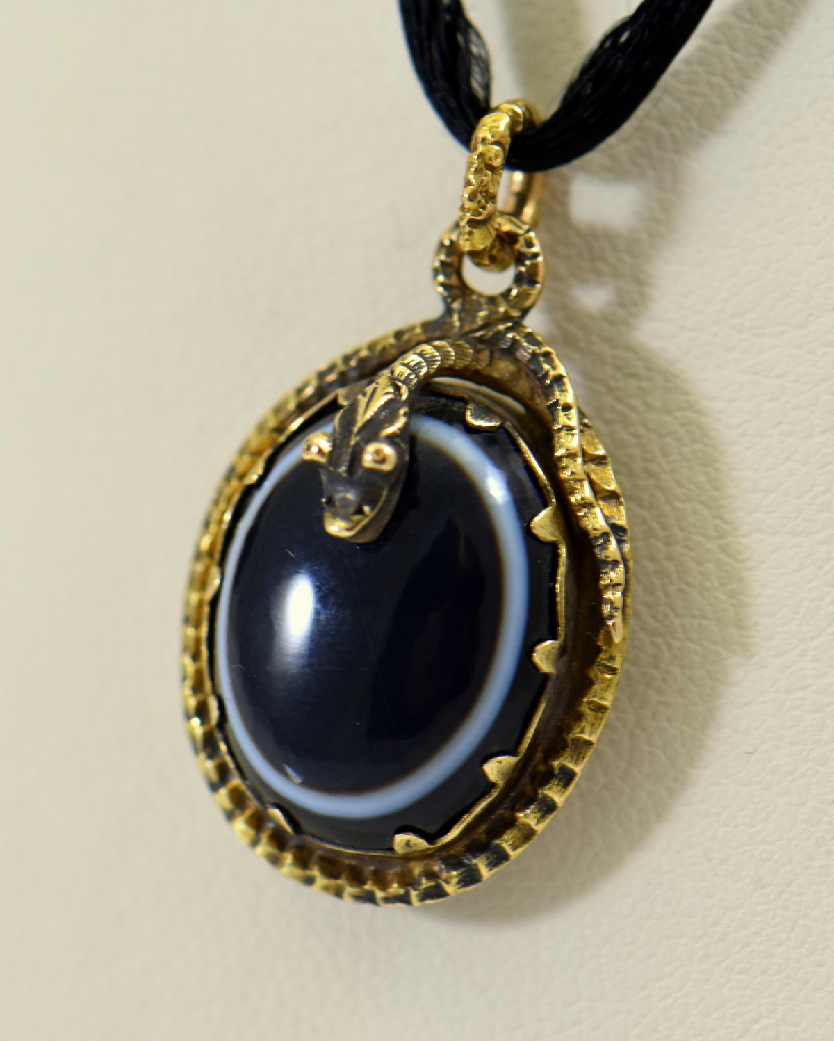 Victorian Mourning Locket with Bullseye Agate, Coiled Snake, & Hair |