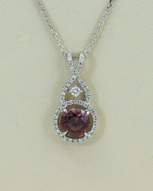 African Pink Rose Zircon Diamond Halo Pendant White Gold.JPG