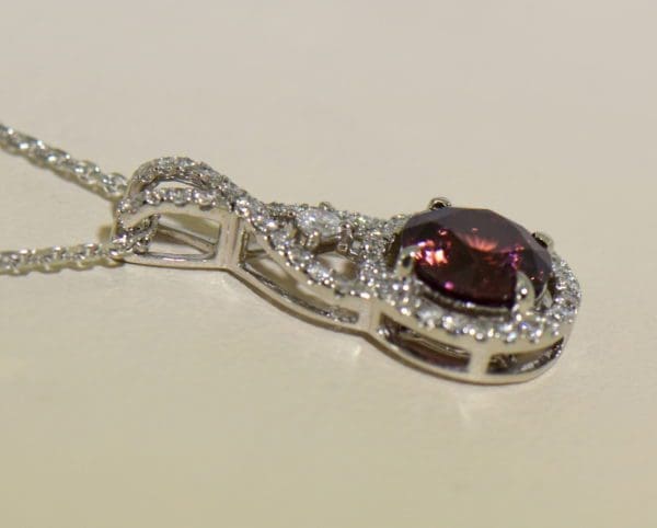 African Pink Rose Zircon Diamond Halo Pendant White Gold 2.JPG