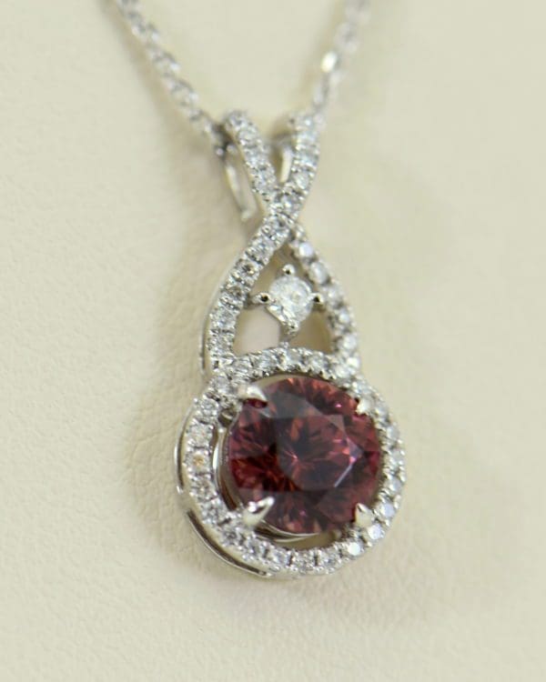 African Pink Rose Zircon Diamond Halo Pendant White Gold 5.JPG