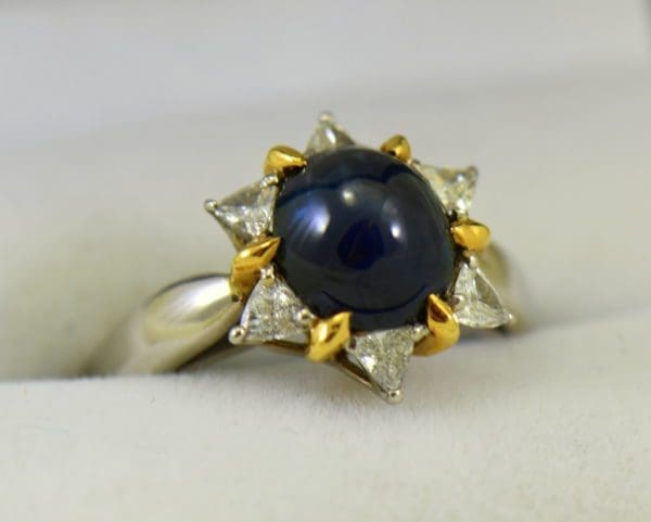 Cabochon Sapphire Trillion Diamond Flower Ring in Platinum 18ky.JPG
