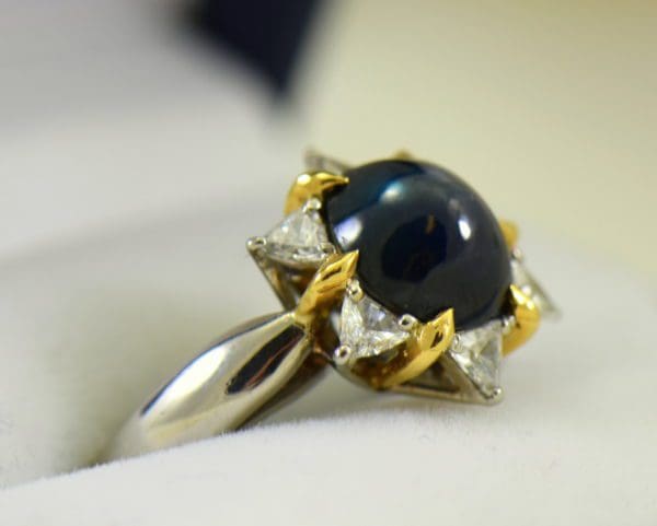 Cabochon Sapphire Trillion Diamond Flower Ring in Platinum 18ky 2.JPG