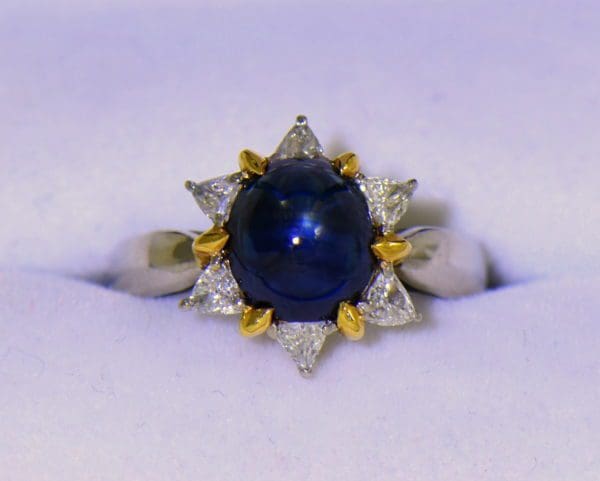 Cabochon Sapphire Trillion Diamond Flower Ring in Platinum 18ky 3.JPG