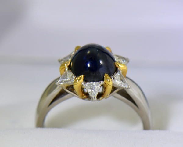 Cabochon Sapphire Trillion Diamond Flower Ring in Platinum 18ky 4.JPG