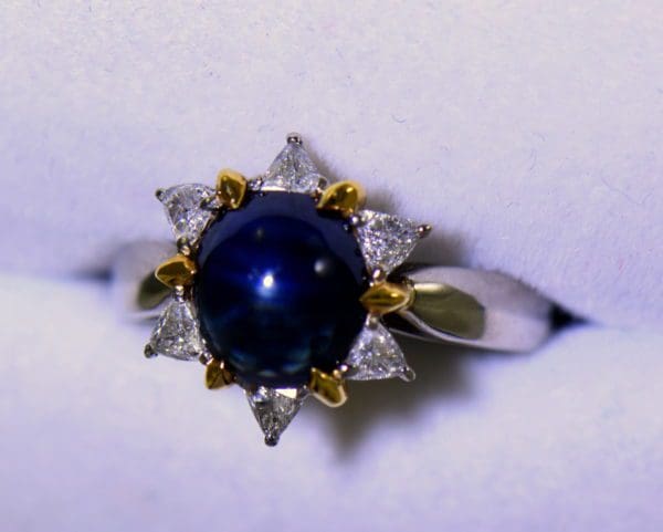 Cabochon Sapphire Trillion Diamond Flower Ring in Platinum 18ky 5.JPG