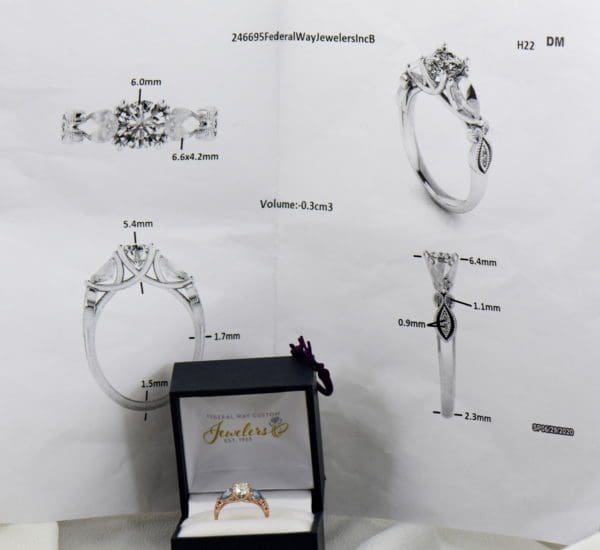 Custom Rose Gold Engagement Ring with Diamond Pear Aquamarines 7.JPG