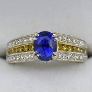 Custom White Gold Ring with Ceylon Blue Violet Sapphire Yellow Diamonds 2.JPG