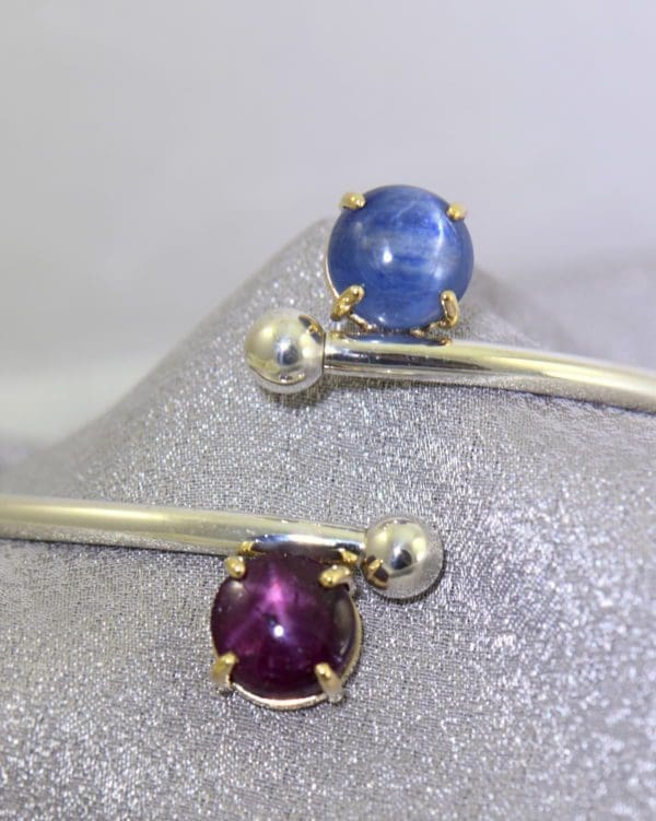 Kendra s 2 stone Silver Cuff Bracelet with Star Ruby Cat s Eye Kyanite.JPG