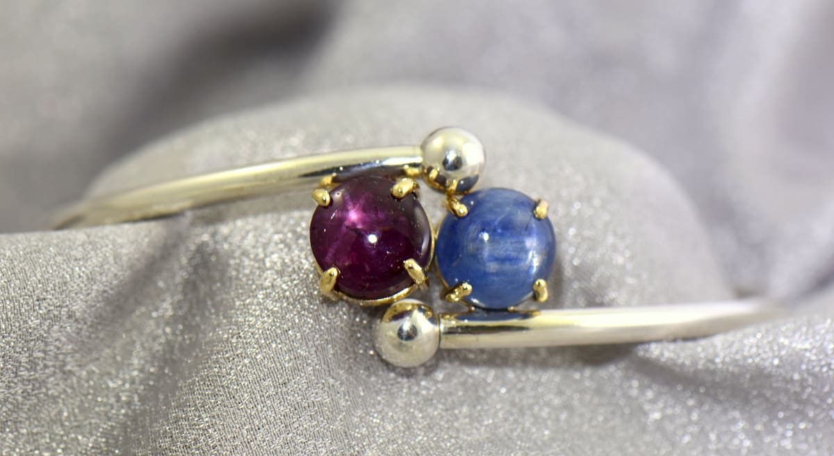 Custom Star Ruby & Cat's Eye Kyanite Cuff Bracelet Exquisite Jewelry