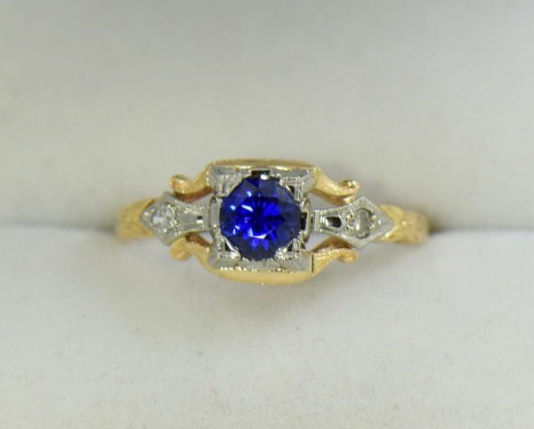 Late Deco Yellow Gold Blue Sapphire Engagement Ring Flower of Love 7.JPG