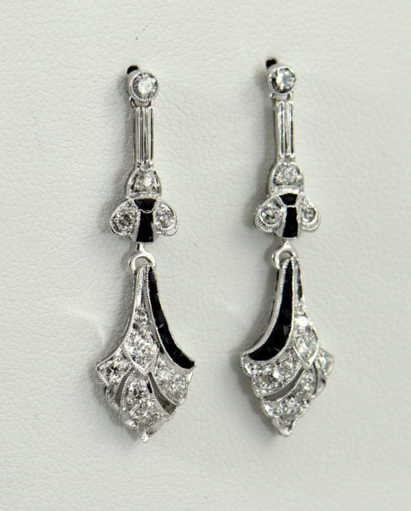 Original Art Deco Platinum Diamond Calibre Onyx Flapper Earrings.JPG
