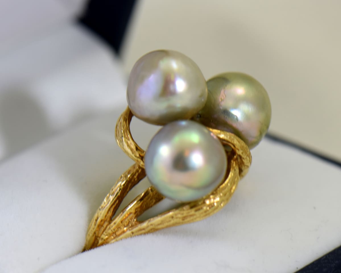 Estate Mid Century Cocktail Ring with Fabulous Grey Pearls